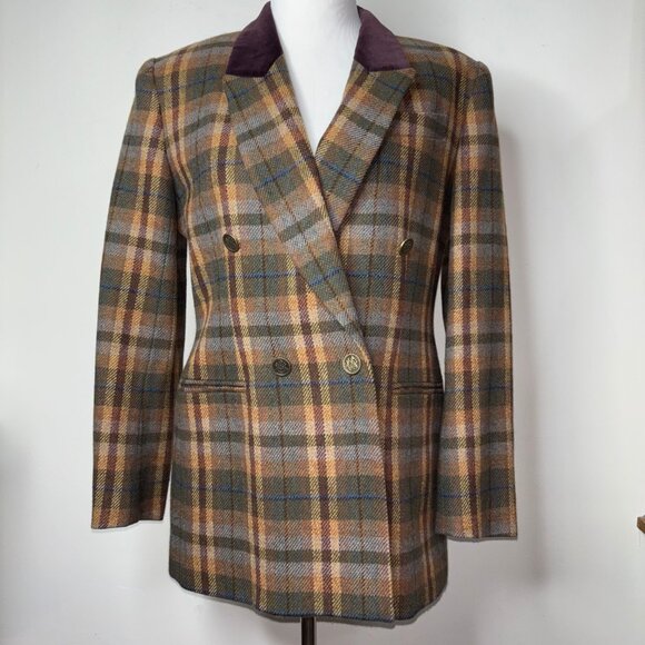 Evan Picone Jackets & Blazers - Vintage Evan Picone Tweed Double Breasted Blazer Size 4 Brown Plaid Wool Jacket
